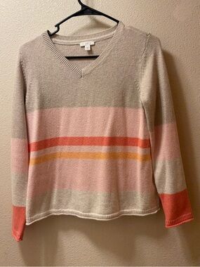 J. Jill Neutral, Pink & Coral Striped V-Neck Sweater